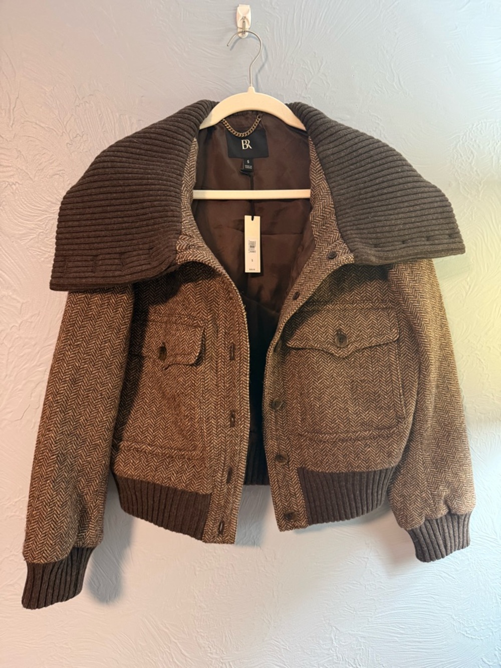 NWT Banana Republic Brown Herringbone Bomber Jacket with Ribbed Collar